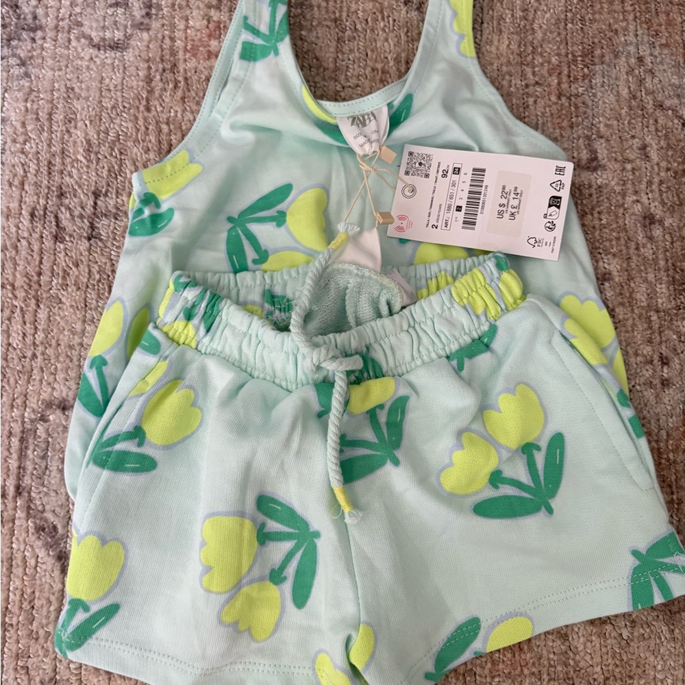 Zara Light Green Floral Tank and Shorts Set